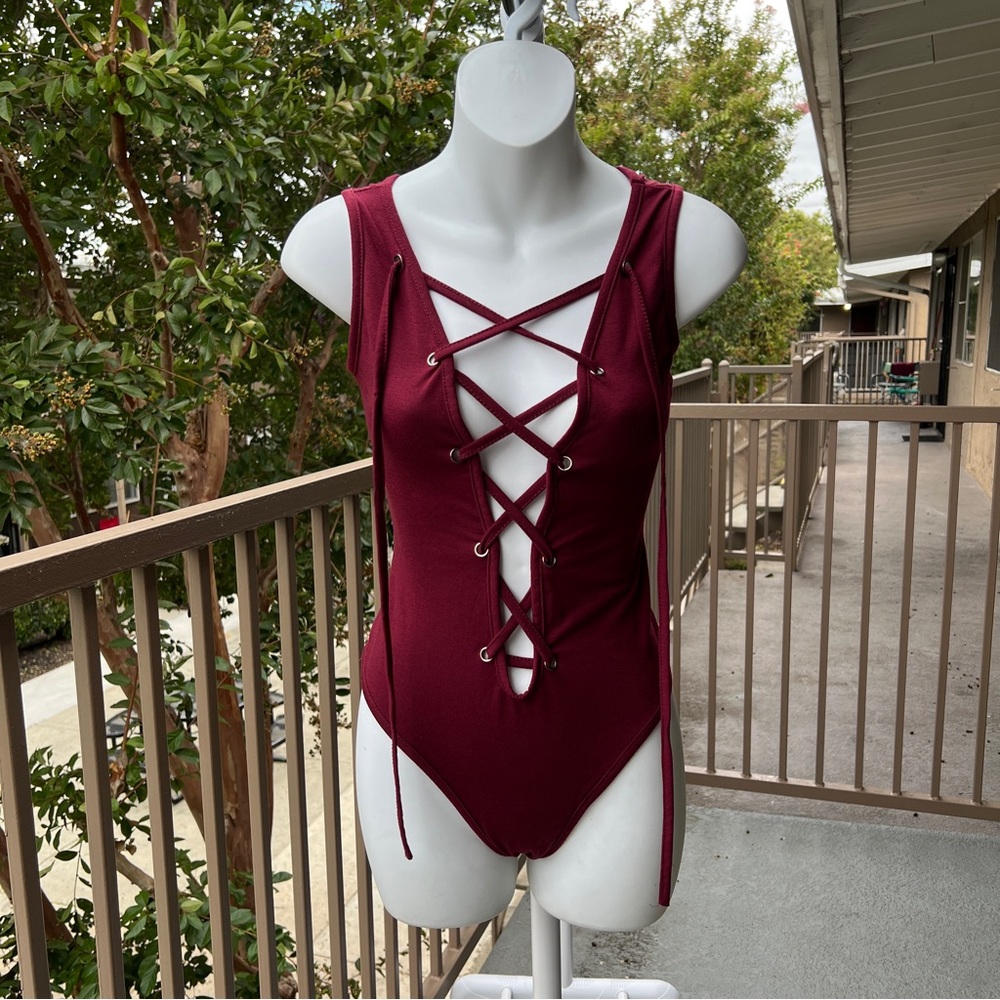 Maroon Lace-Up Bodysuit